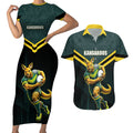 Personalised Kangaroos Rugby Couples Matching Short Sleeve Bodycon Dress and Hawaiian Shirt Australia Rugby Mascot Green Gold Sport