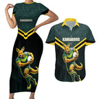 Personalised Kangaroos Rugby Couples Matching Short Sleeve Bodycon Dress and Hawaiian Shirt Australia Rugby Mascot Green Gold Sport