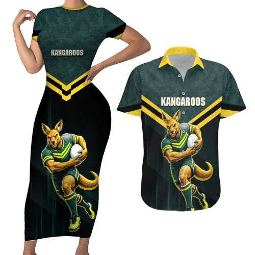 Personalised Kangaroos Rugby Couples Matching Short Sleeve Bodycon Dress and Hawaiian Shirt Australia Rugby Mascot Green Gold Sport
