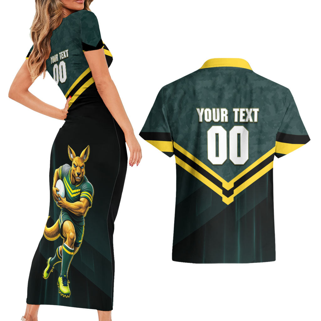 Personalised Kangaroos Rugby Couples Matching Short Sleeve Bodycon Dress and Hawaiian Shirt Australia Rugby Mascot Green Gold Sport