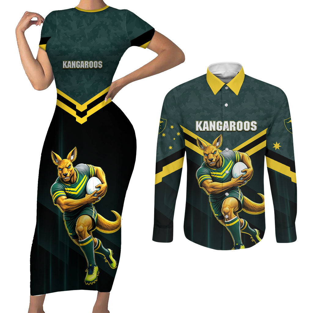 Personalised Kangaroos Rugby Couples Matching Short Sleeve Bodycon Dress and Long Sleeve Button Shirt Australia Rugby Mascot Green Gold Sport