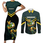 Personalised Kangaroos Rugby Couples Matching Short Sleeve Bodycon Dress and Long Sleeve Button Shirt Australia Rugby Mascot Green Gold Sport