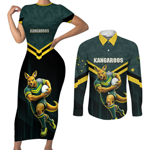 Personalised Kangaroos Rugby Couples Matching Short Sleeve Bodycon Dress and Long Sleeve Button Shirt Australia Rugby Mascot Green Gold Sport