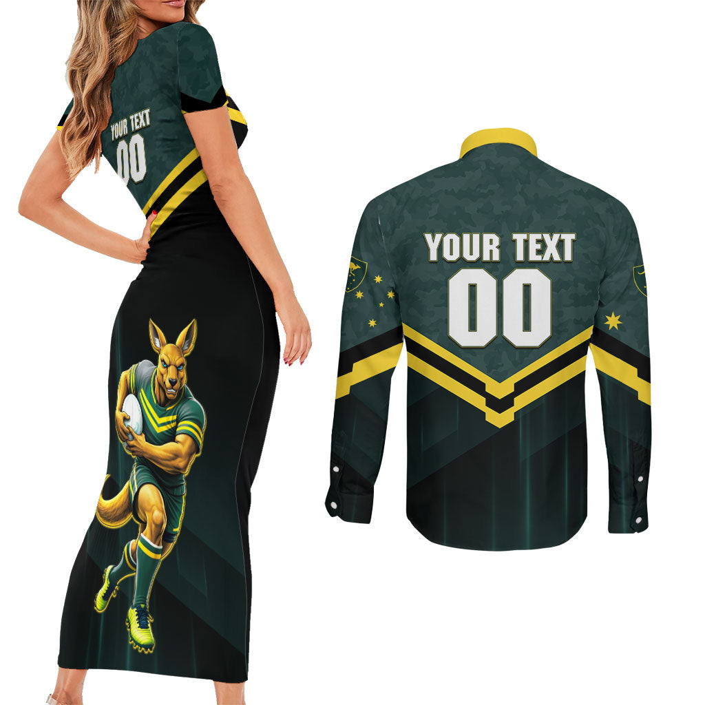 Personalised Kangaroos Rugby Couples Matching Short Sleeve Bodycon Dress and Long Sleeve Button Shirt Australia Rugby Mascot Green Gold Sport