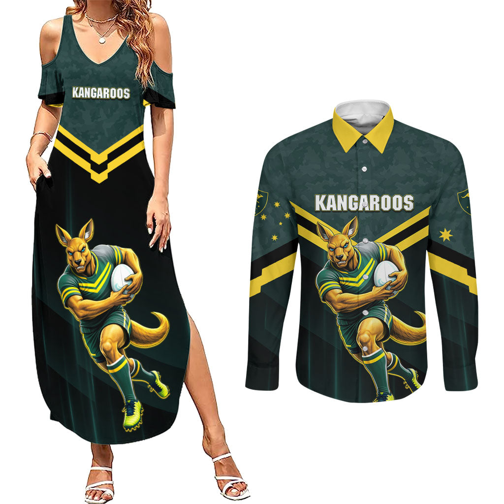 Personalised Kangaroos Rugby Couples Matching Summer Maxi Dress and Long Sleeve Button Shirt Australia Rugby Mascot Green Gold Sport