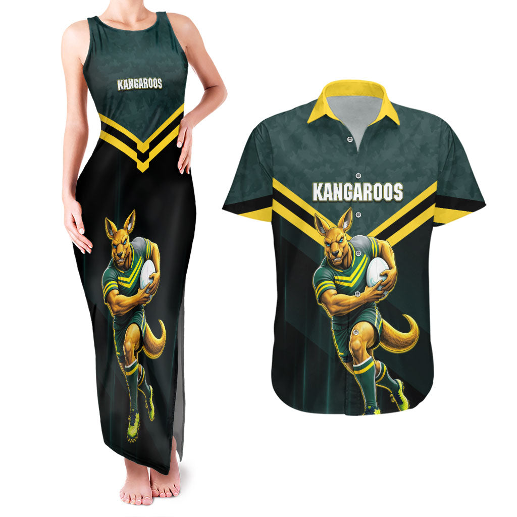 Personalised Kangaroos Rugby Couples Matching Tank Maxi Dress and Hawaiian Shirt Australia Rugby Mascot Green Gold Sport