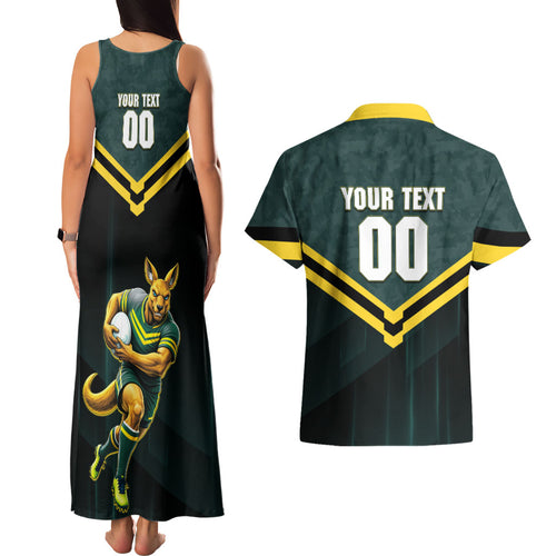 Personalised Kangaroos Rugby Couples Matching Tank Maxi Dress and Hawaiian Shirt Australia Rugby Mascot Green Gold Sport