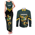 Personalised Kangaroos Rugby Couples Matching Tank Maxi Dress and Long Sleeve Button Shirt Australia Rugby Mascot Green Gold Sport