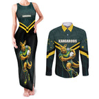 Personalised Kangaroos Rugby Couples Matching Tank Maxi Dress and Long Sleeve Button Shirt Australia Rugby Mascot Green Gold Sport