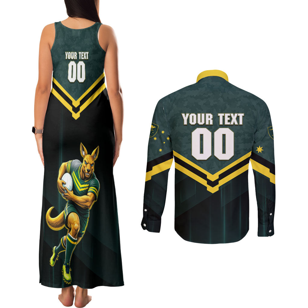 Personalised Kangaroos Rugby Couples Matching Tank Maxi Dress and Long Sleeve Button Shirt Australia Rugby Mascot Green Gold Sport