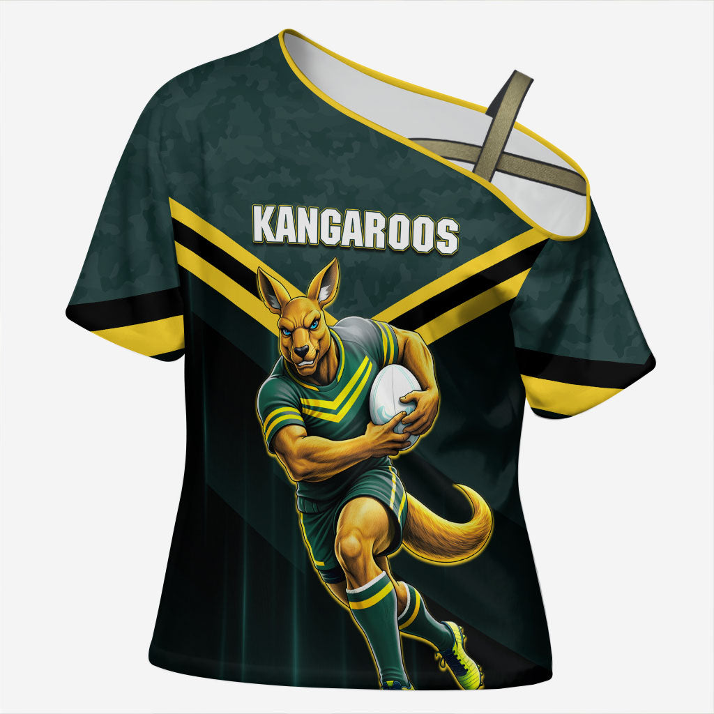Personalised Kangaroos Rugby Cross Shoulder Shirt Australia Rugby Mascot Green Gold Sport