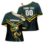 Personalised Kangaroos Rugby Cross Shoulder Shirt Australia Rugby Mascot Green Gold Sport