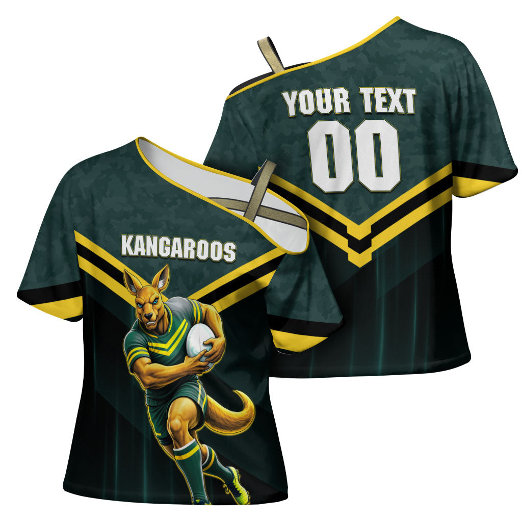 Personalised Kangaroos Rugby Cross Shoulder Shirt Australia Rugby Mascot Green Gold Sport