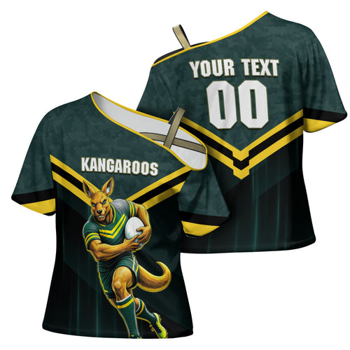 Personalised Kangaroos Rugby Cross Shoulder Shirt Australia Rugby Mascot Green Gold Sport