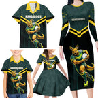 Personalised Kangaroos Rugby Family Matching Long Sleeve Bodycon Dress and Hawaiian Shirt Australia Rugby Mascot Green Gold Sport