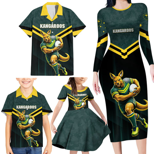 Personalised Kangaroos Rugby Family Matching Long Sleeve Bodycon Dress and Hawaiian Shirt Australia Rugby Mascot Green Gold Sport