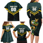 Personalised Kangaroos Rugby Family Matching Long Sleeve Bodycon Dress and Hawaiian Shirt Australia Rugby Mascot Green Gold Sport