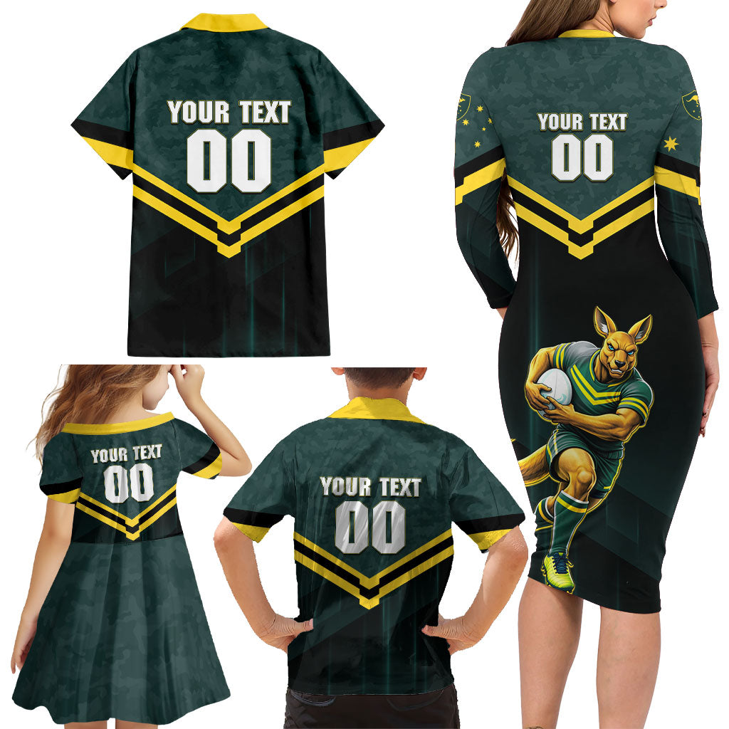 Personalised Kangaroos Rugby Family Matching Long Sleeve Bodycon Dress and Hawaiian Shirt Australia Rugby Mascot Green Gold Sport