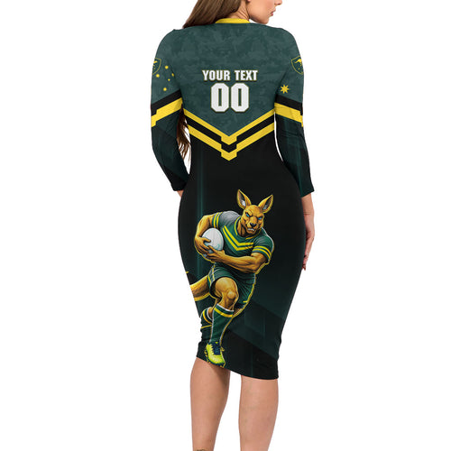 Personalised Kangaroos Rugby Family Matching Long Sleeve Bodycon Dress and Hawaiian Shirt Australia Rugby Mascot Green Gold Sport