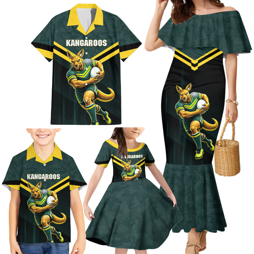 Personalised Kangaroos Rugby Family Matching Mermaid Dress and Hawaiian Shirt Australia Rugby Mascot Green Gold Sport