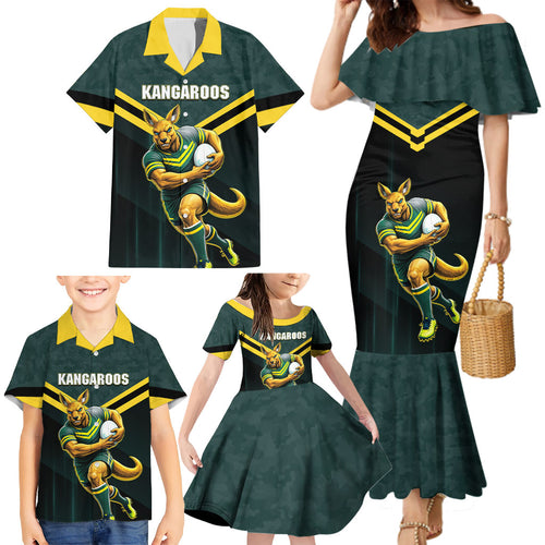 Personalised Kangaroos Rugby Family Matching Mermaid Dress and Hawaiian Shirt Australia Rugby Mascot Green Gold Sport