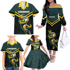 Personalised Kangaroos Rugby Family Matching Off The Shoulder Long Sleeve Dress and Hawaiian Shirt Australia Rugby Mascot Green Gold Sport