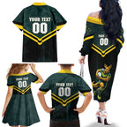 Personalised Kangaroos Rugby Family Matching Off The Shoulder Long Sleeve Dress and Hawaiian Shirt Australia Rugby Mascot Green Gold Sport