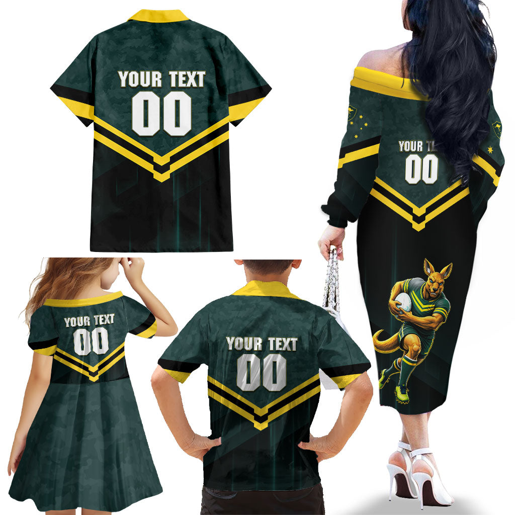 Personalised Kangaroos Rugby Family Matching Off The Shoulder Long Sleeve Dress and Hawaiian Shirt Australia Rugby Mascot Green Gold Sport