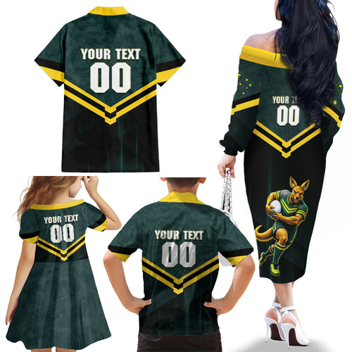Personalised Kangaroos Rugby Family Matching Off The Shoulder Long Sleeve Dress and Hawaiian Shirt Australia Rugby Mascot Green Gold Sport