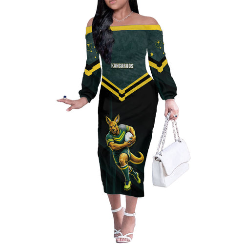 Personalised Kangaroos Rugby Family Matching Off The Shoulder Long Sleeve Dress and Hawaiian Shirt Australia Rugby Mascot Green Gold Sport
