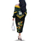 Personalised Kangaroos Rugby Family Matching Off The Shoulder Long Sleeve Dress and Hawaiian Shirt Australia Rugby Mascot Green Gold Sport