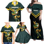 Personalised Kangaroos Rugby Family Matching Off Shoulder Maxi Dress and Hawaiian Shirt Australia Rugby Mascot Green Gold Sport