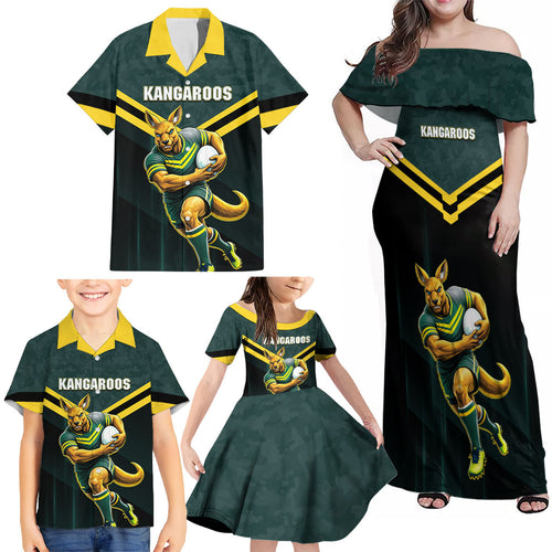 Personalised Kangaroos Rugby Family Matching Off Shoulder Maxi Dress and Hawaiian Shirt Australia Rugby Mascot Green Gold Sport