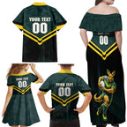 Personalised Kangaroos Rugby Family Matching Off Shoulder Maxi Dress and Hawaiian Shirt Australia Rugby Mascot Green Gold Sport