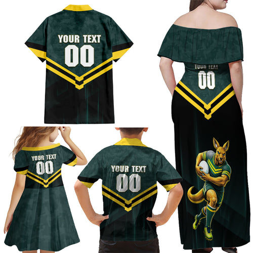 Personalised Kangaroos Rugby Family Matching Off Shoulder Maxi Dress and Hawaiian Shirt Australia Rugby Mascot Green Gold Sport