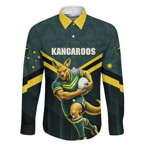 Personalised Kangaroos Rugby Family Matching Off Shoulder Maxi Dress and Hawaiian Shirt Australia Rugby Mascot Green Gold Sport