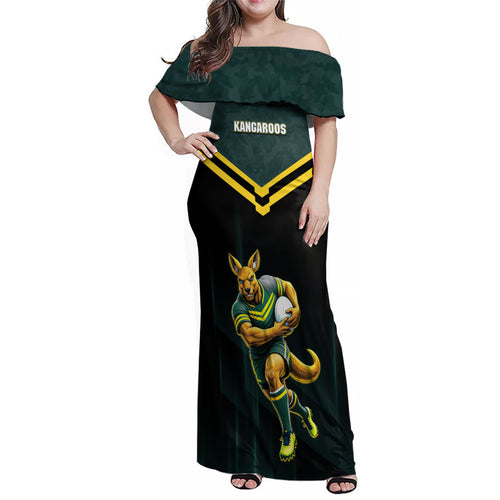 Personalised Kangaroos Rugby Family Matching Off Shoulder Maxi Dress and Hawaiian Shirt Australia Rugby Mascot Green Gold Sport