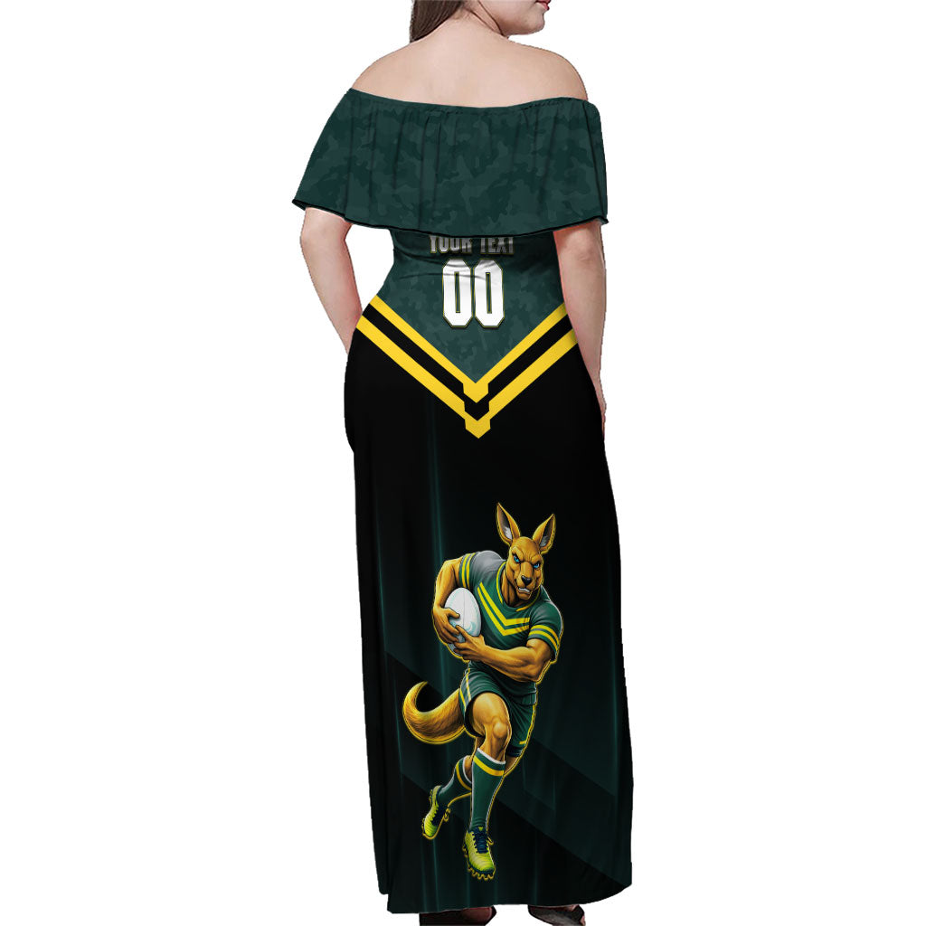 Personalised Kangaroos Rugby Family Matching Off Shoulder Maxi Dress and Hawaiian Shirt Australia Rugby Mascot Green Gold Sport