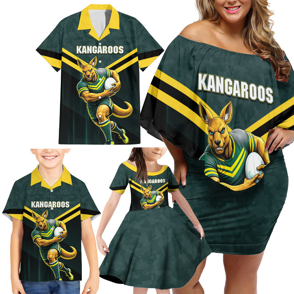 Personalised Kangaroos Rugby Family Matching Off Shoulder Short Dress and Hawaiian Shirt Australia Rugby Mascot Green Gold Sport