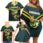 Personalised Kangaroos Rugby Family Matching Off Shoulder Short Dress and Hawaiian Shirt Australia Rugby Mascot Green Gold Sport