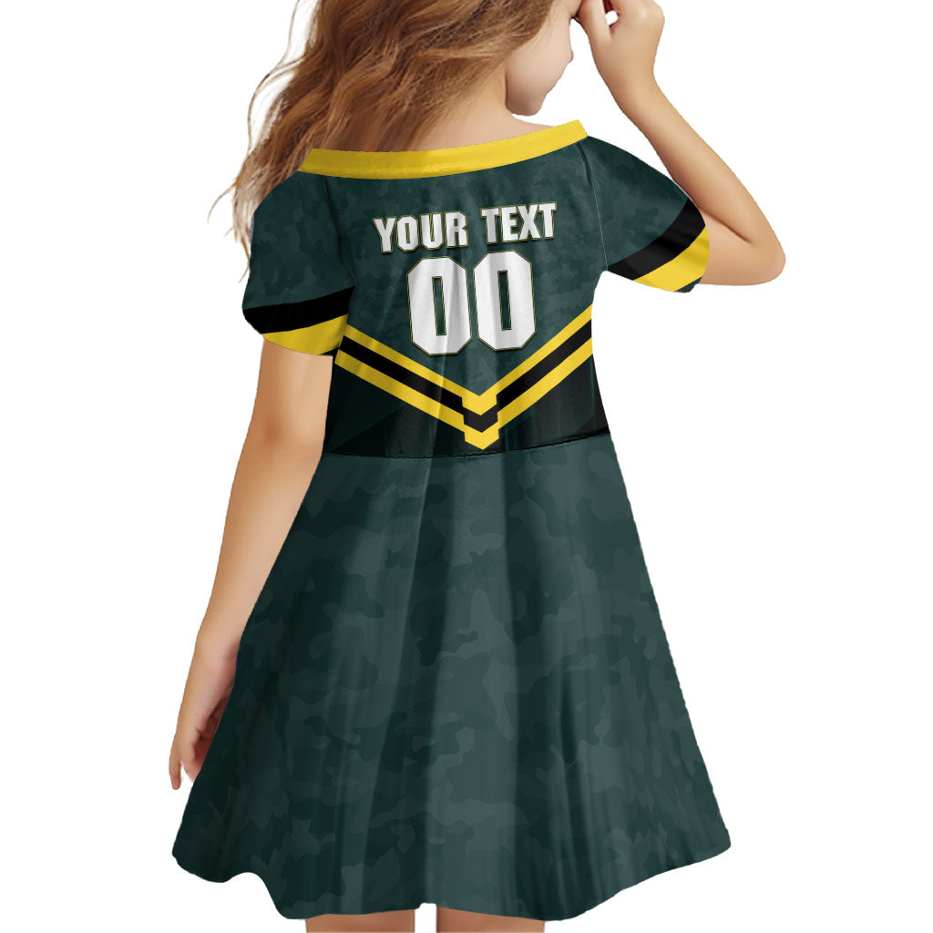 Personalised Kangaroos Rugby Family Matching Off Shoulder Short Dress and Hawaiian Shirt Australia Rugby Mascot Green Gold Sport