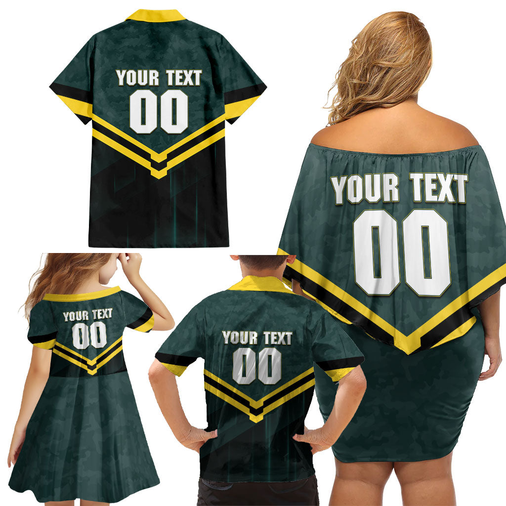 Personalised Kangaroos Rugby Family Matching Off Shoulder Short Dress and Hawaiian Shirt Australia Rugby Mascot Green Gold Sport