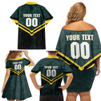 Personalised Kangaroos Rugby Family Matching Off Shoulder Short Dress and Hawaiian Shirt Australia Rugby Mascot Green Gold Sport