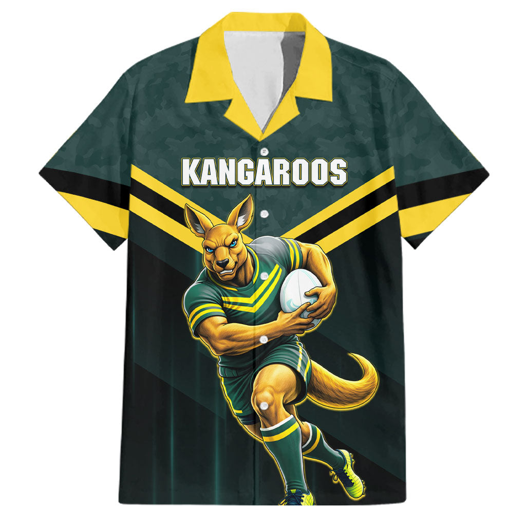 Personalised Kangaroos Rugby Family Matching Off Shoulder Short Dress and Hawaiian Shirt Australia Rugby Mascot Green Gold Sport
