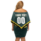 Personalised Kangaroos Rugby Family Matching Off Shoulder Short Dress and Hawaiian Shirt Australia Rugby Mascot Green Gold Sport