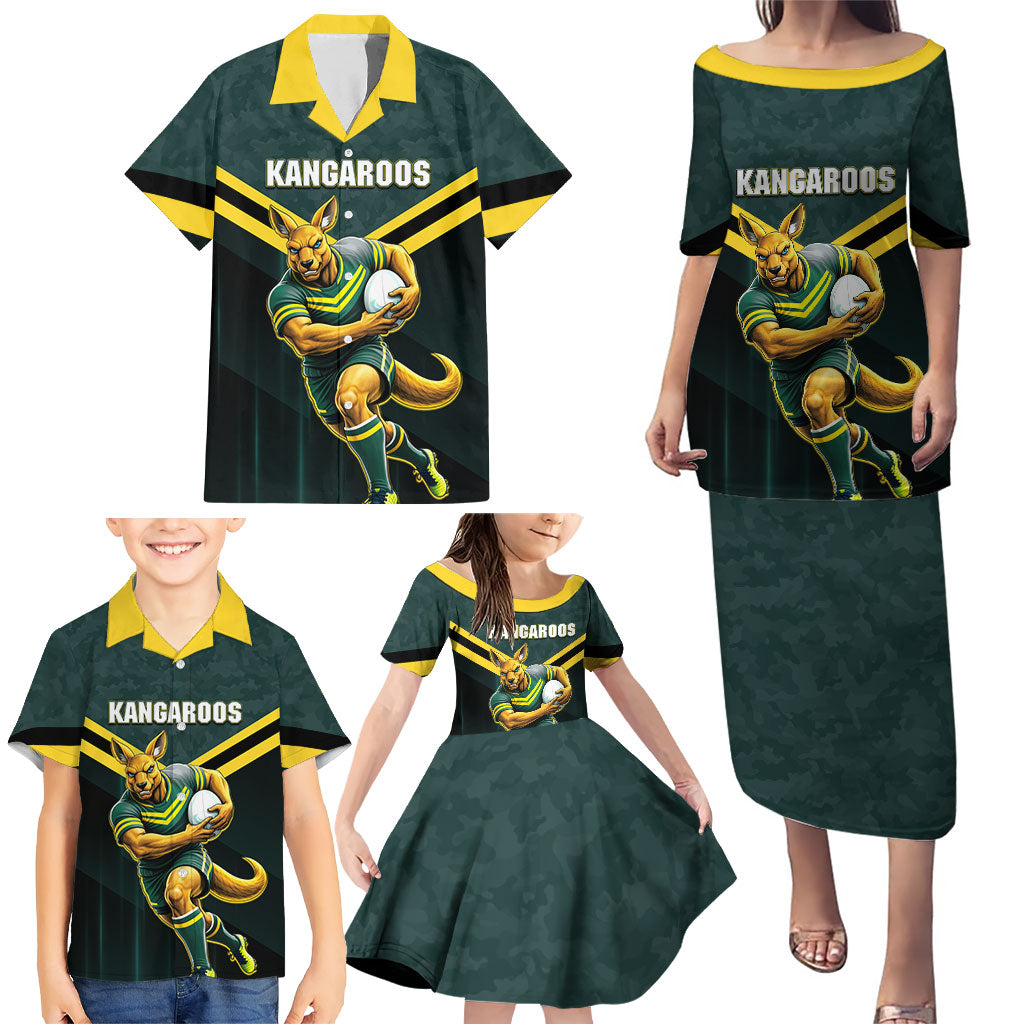 Personalised Kangaroos Rugby Family Matching Puletasi and Hawaiian Shirt Australia Rugby Mascot Green Gold Sport