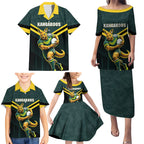 Personalised Kangaroos Rugby Family Matching Puletasi and Hawaiian Shirt Australia Rugby Mascot Green Gold Sport