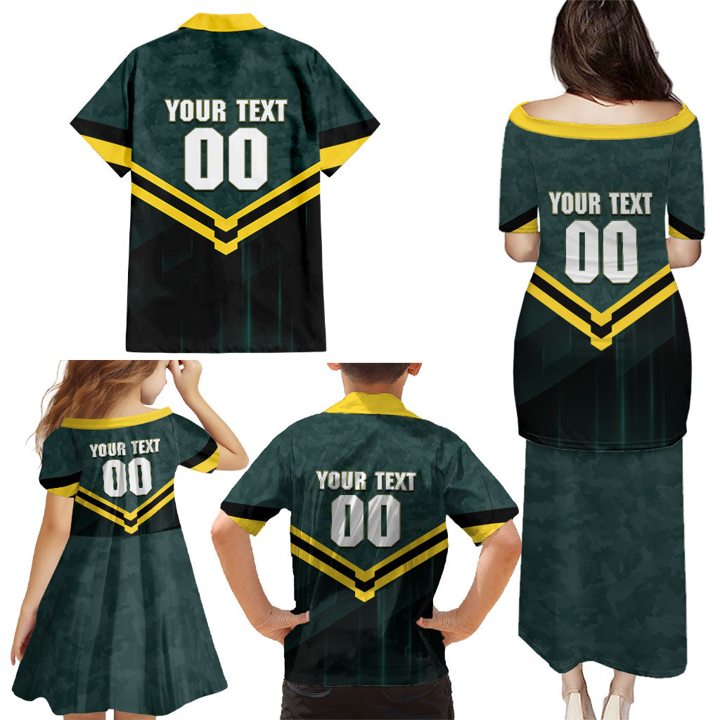 Personalised Kangaroos Rugby Family Matching Puletasi and Hawaiian Shirt Australia Rugby Mascot Green Gold Sport