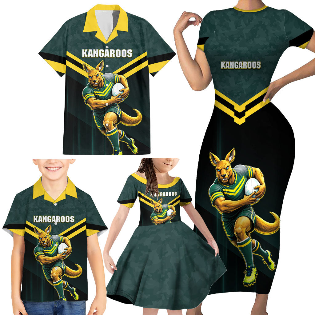 Personalised Kangaroos Rugby Family Matching Short Sleeve Bodycon Dress and Hawaiian Shirt Australia Rugby Mascot Green Gold Sport
