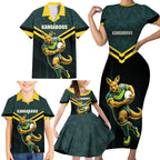 Personalised Kangaroos Rugby Family Matching Short Sleeve Bodycon Dress and Hawaiian Shirt Australia Rugby Mascot Green Gold Sport